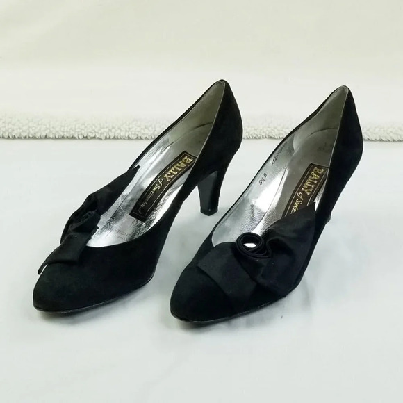 Bally Dagmar size 5.5B Women's Black Suede Satin Bow Accent Slip On Kitten Heels - Picture 10 of 12